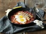 Tomato-Soy Shakshuka with Grilled Salmon